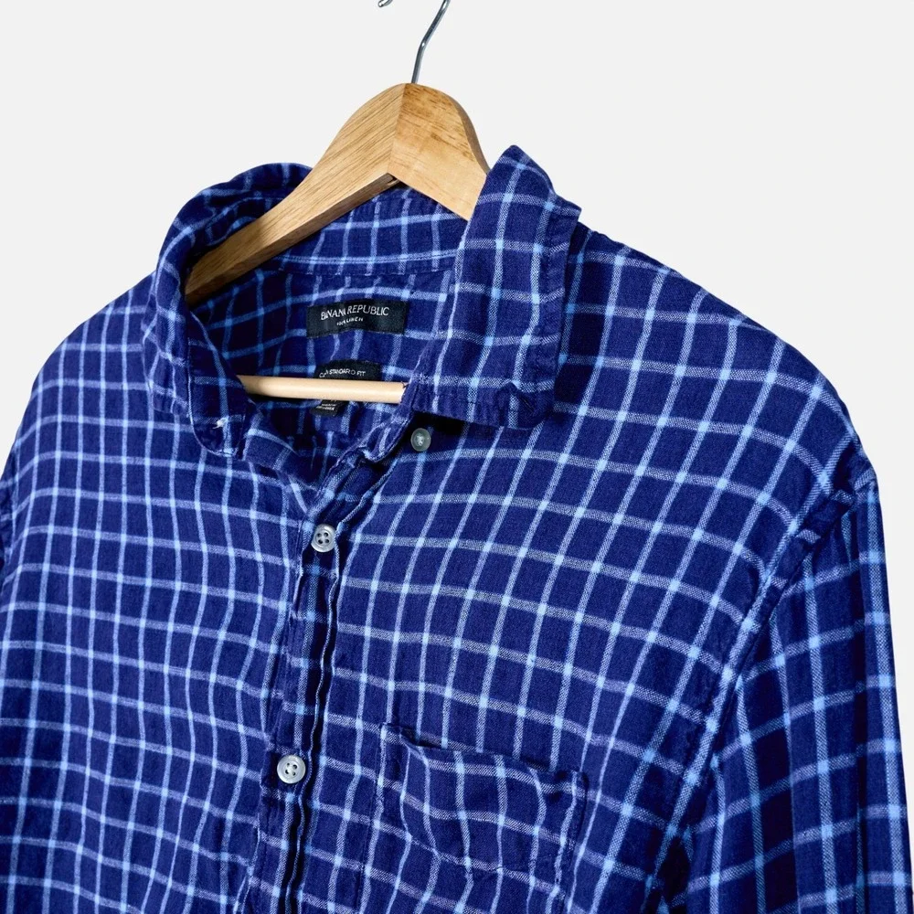 Banana Republic Mens Blue Windowpane 100% Linen Camden Standard Fit Shirt M